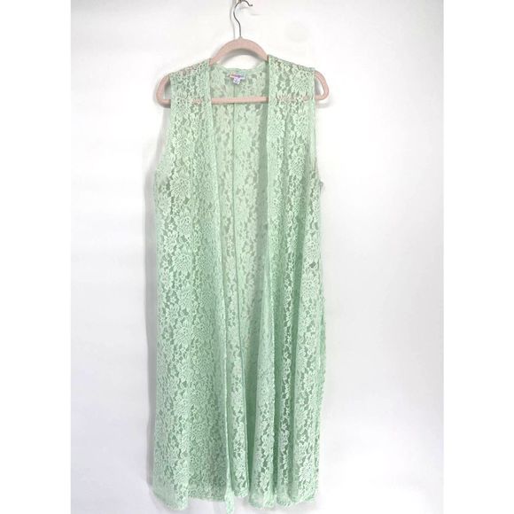 Lularoe Mint Green Joy Lace Maxi Open Front Cardigan Duster Large - Picture 5 of 6
